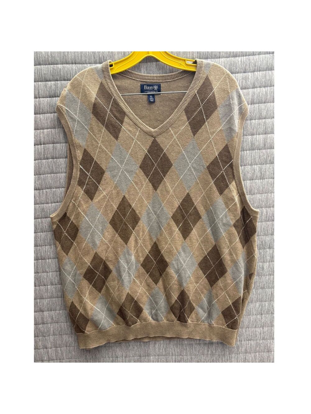 Bass Argyle Sleeveless Sweater Vest Men's XL Beige Brown Gray Cotton Business